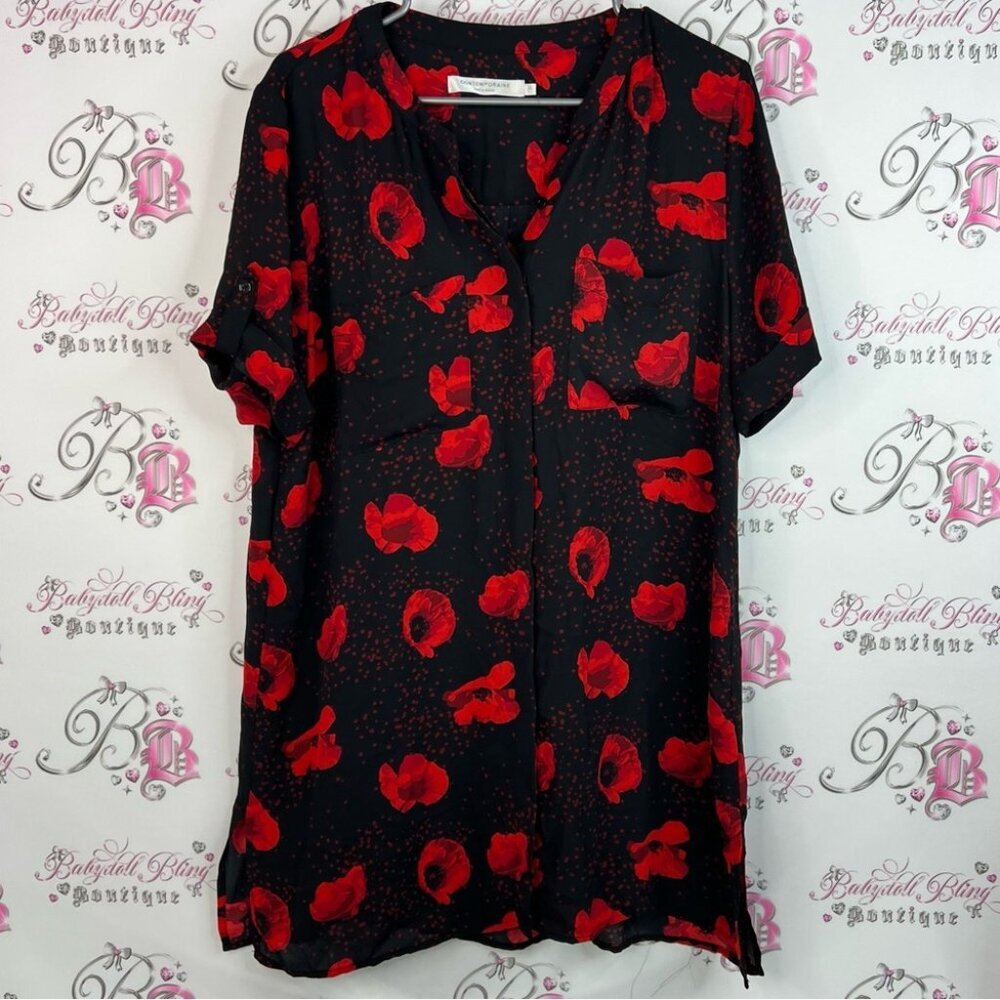 Contemporaine par Simon’s dress poppy poppies Stylish Red and Black Women's Top